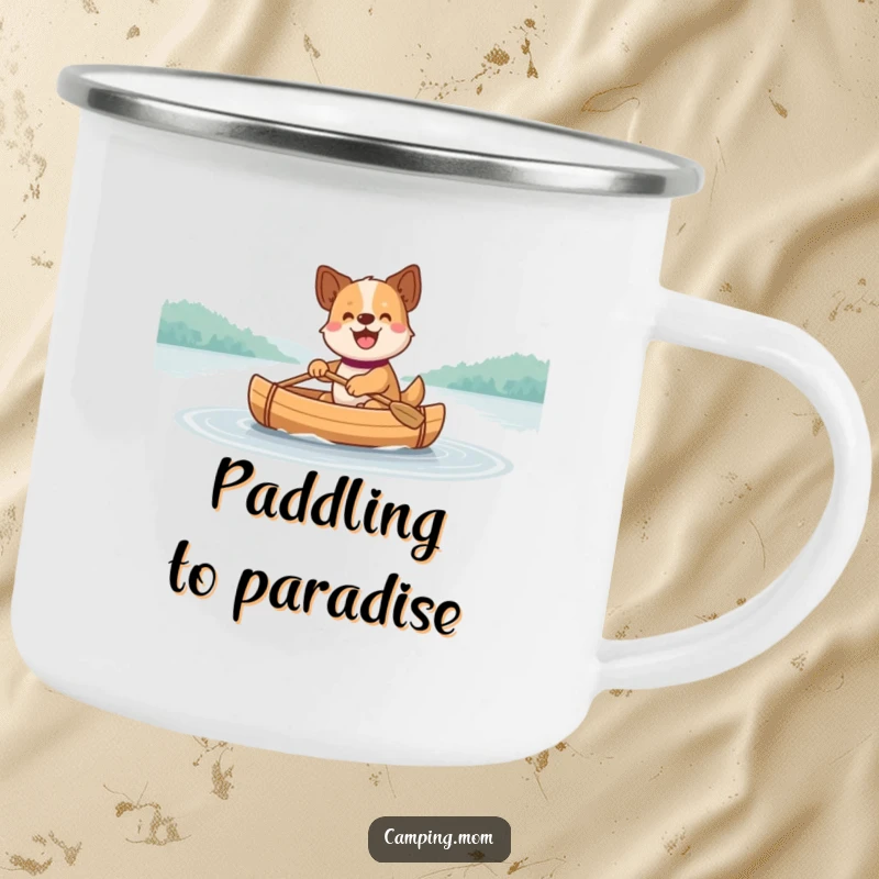 Funny Dog Camping Mug: A durable mug showing a happy dog paddling a small canoe across a calm, serene lake.