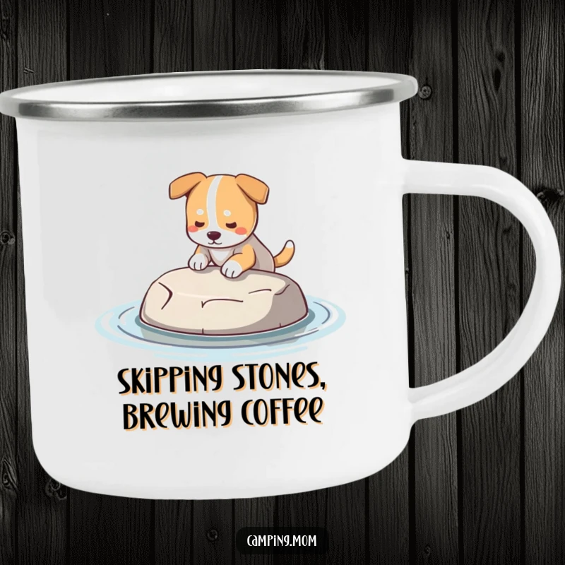 Funny Dog Camping Mug: A durable mug showing a dog holding a perfect, smooth skipping stone, ready for the water.