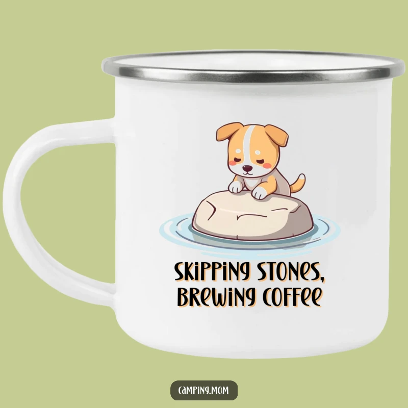 Funny Dog Skipping Stone Camping Mug - Adventure Ready Find, Perfect Gift