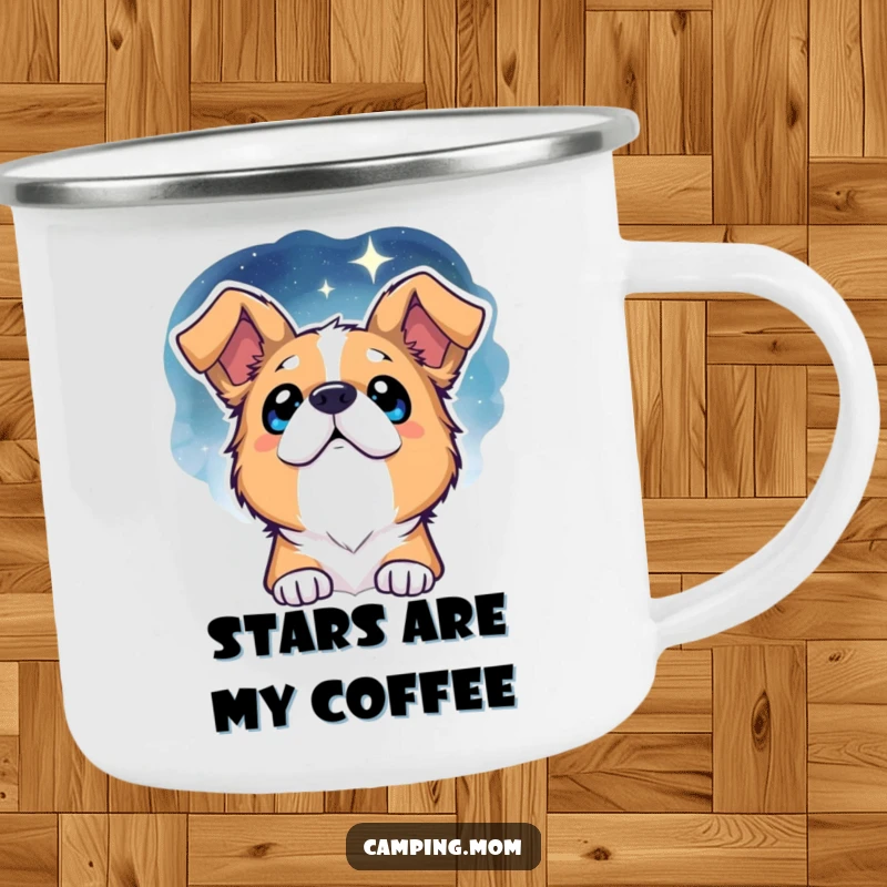 Funny Dog Camping Mug: A rugged mug featuring a dog with sparkling eyes gazing at a beautiful, star-filled night sky.
