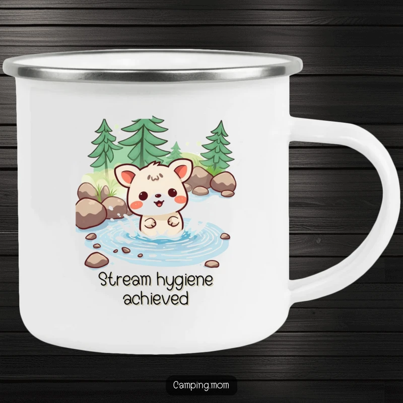 Funny camping mug with a kawaii animal joyfully splashing in a tiny stream, perfect for enjoying beverages outdoors.