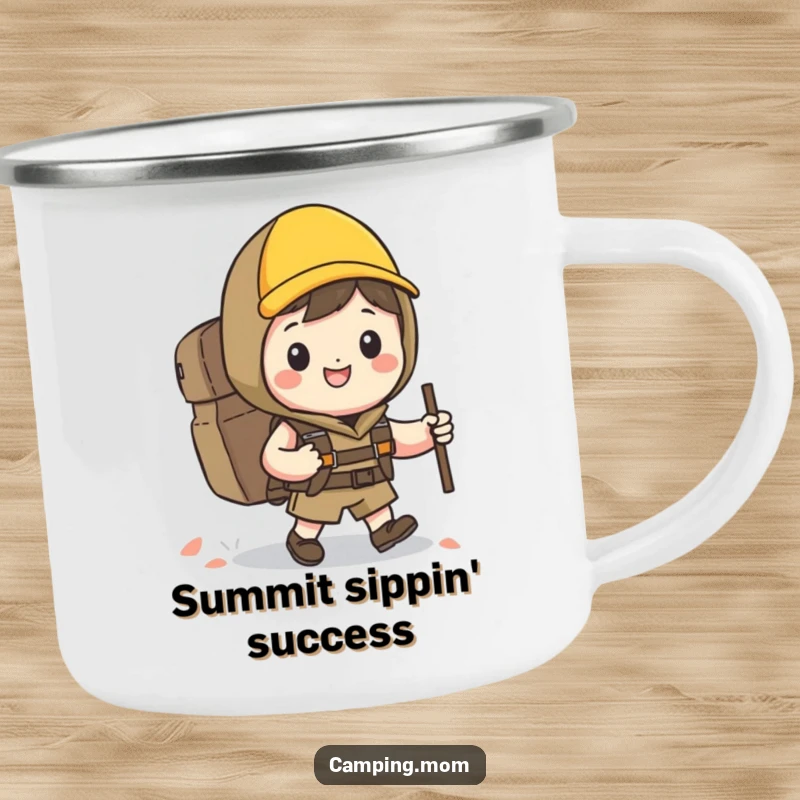 Funny Kawaii hiker camping mug with a happy character, backpack, and big grin, perfect for outdoor drinks.