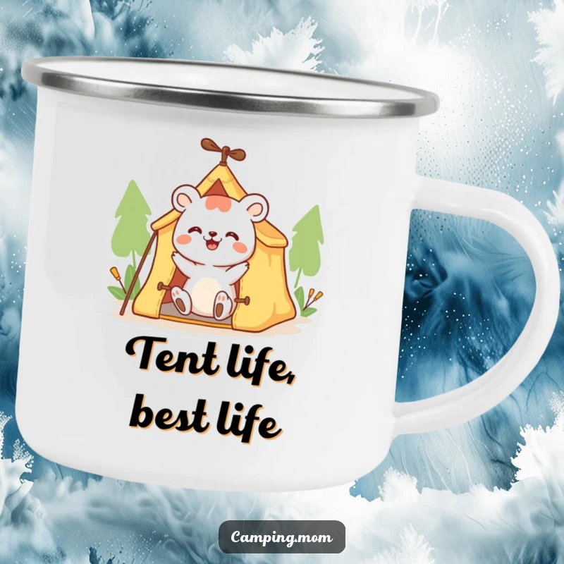 Funny camping mug showing a happy animal character enthusiastically setting up a small tent, durable for outdoor use.
