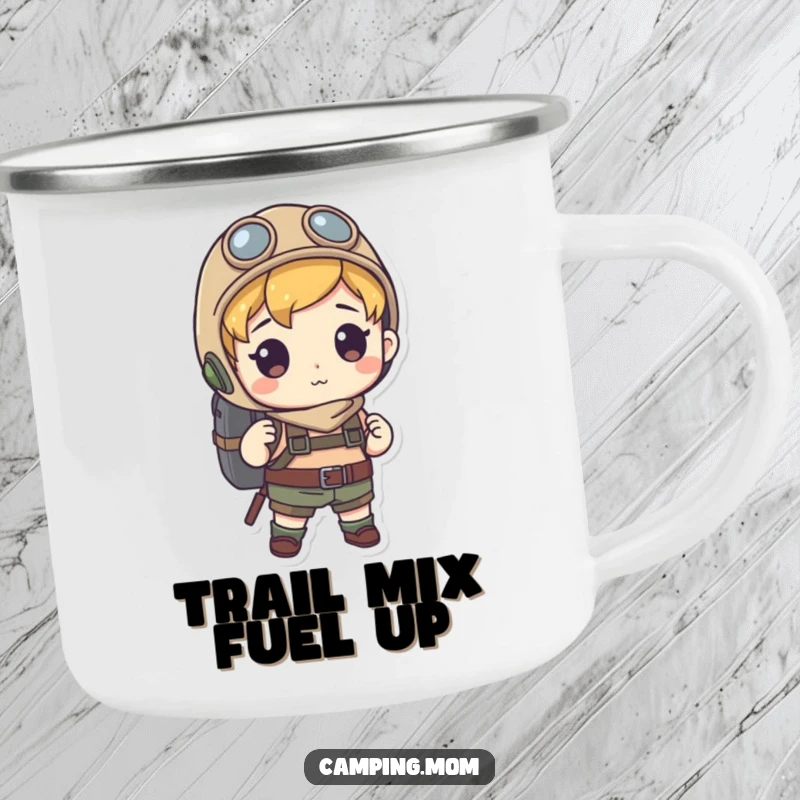 Funny camping mug showing an explorer character with a backpack, built for durability and humor on any trail. Perfect funny gift.