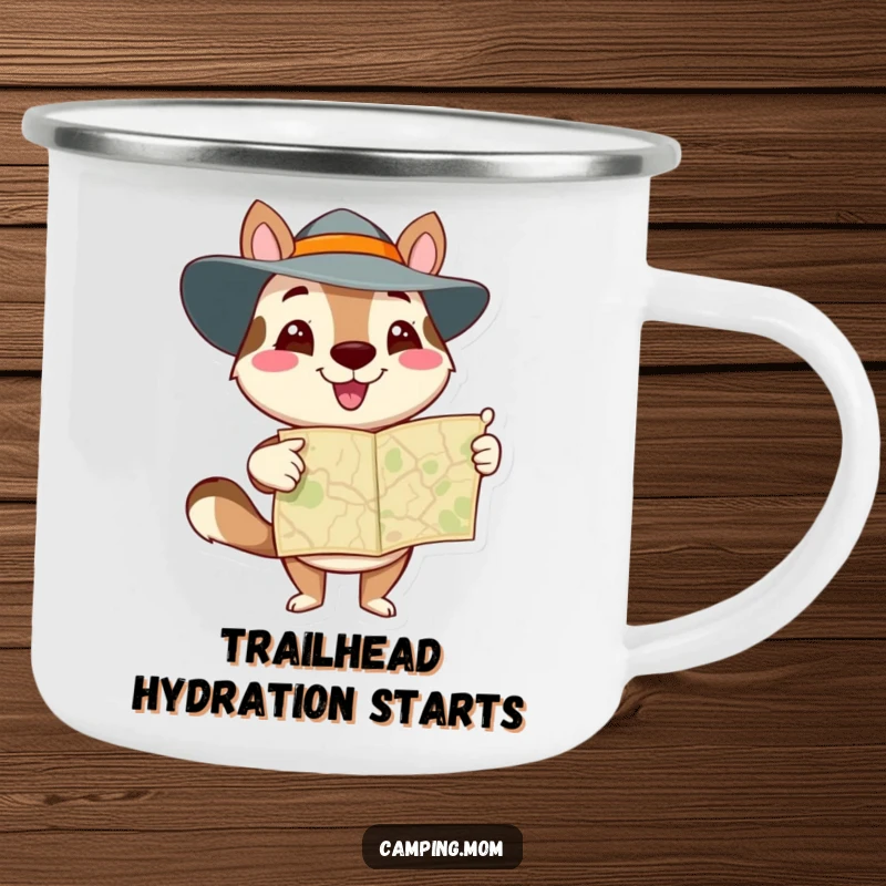 Funny animal character pointing at a map, perfect for outdoor adventures, on a durable camping mug.