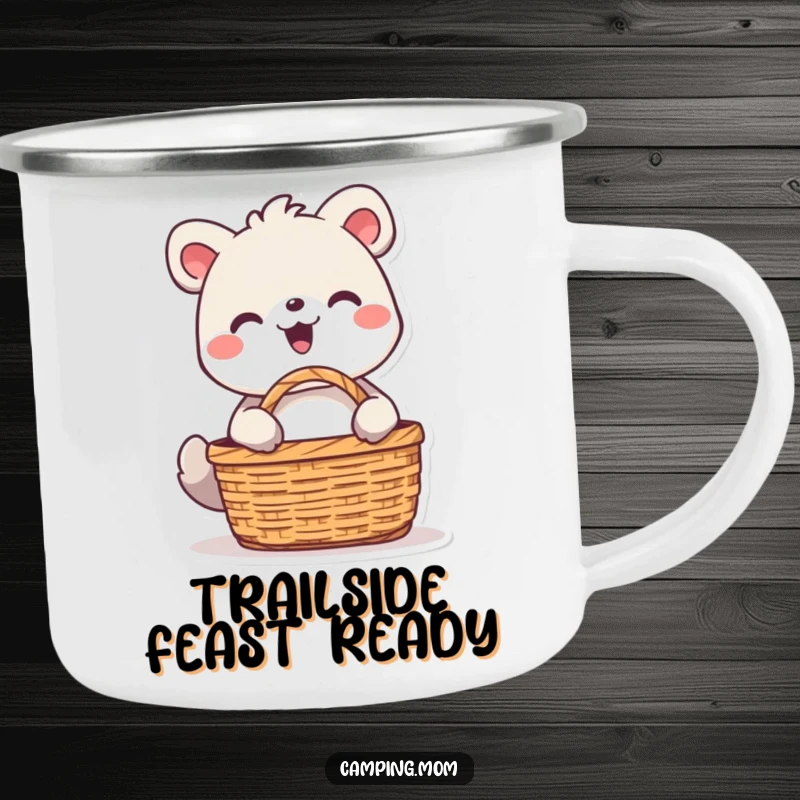 Funny animal character beaming with joy while unpacking a picnic basket, depicted on a rustic enamel camping mug.