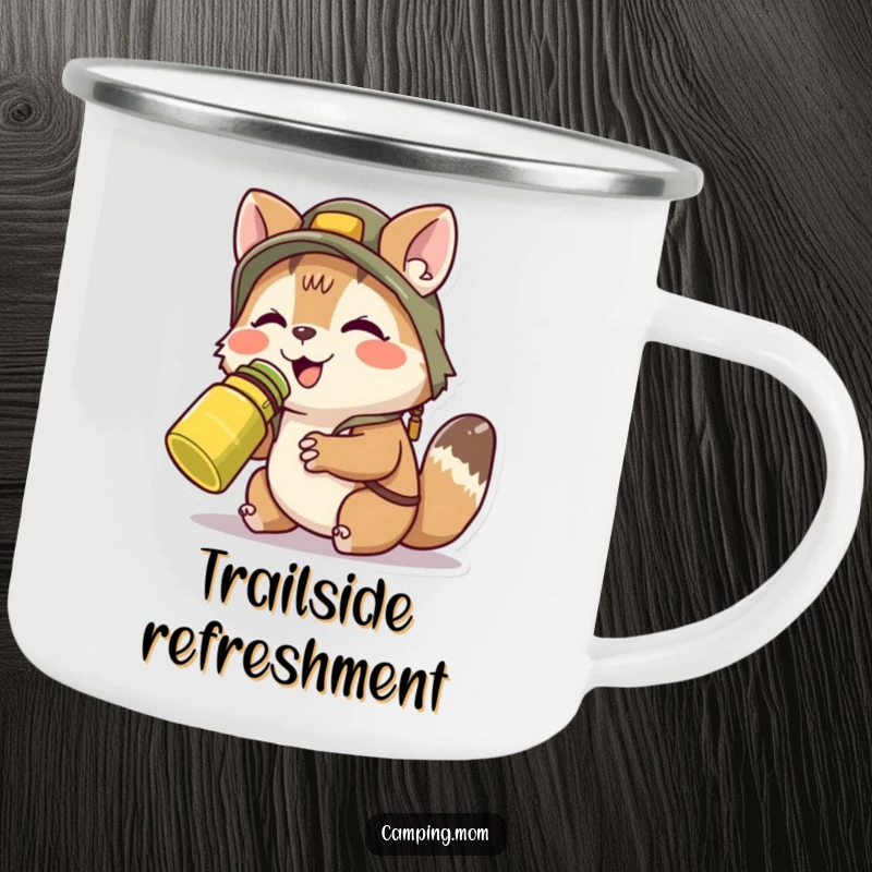 Funny camping animal character blissfully sipping from a canteen, designed for a durable and humorous camping mug.