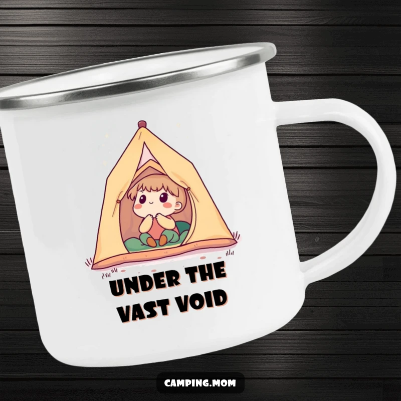 Funny camping mug with a cute character in a tent, gazing up in wonder at a spectacular, star-filled night sky.