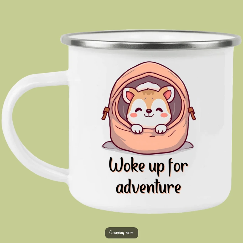Funny Cheerful Animal Enamel Mug: Sleeping Bag Grin Camp Companion!