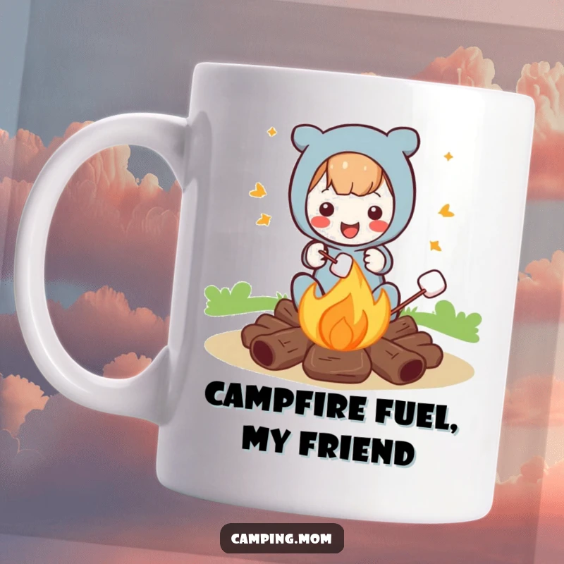 Funny mug featuring a happy character roasting marshmallows over a glowing campfire, symbolizing outdoor fun and delicious treats.