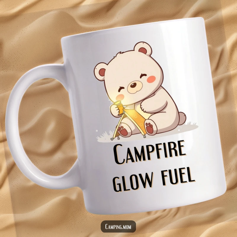 Funny mug of a mama bear wearing a headlamp, happily setting up a small tent in the wilderness.