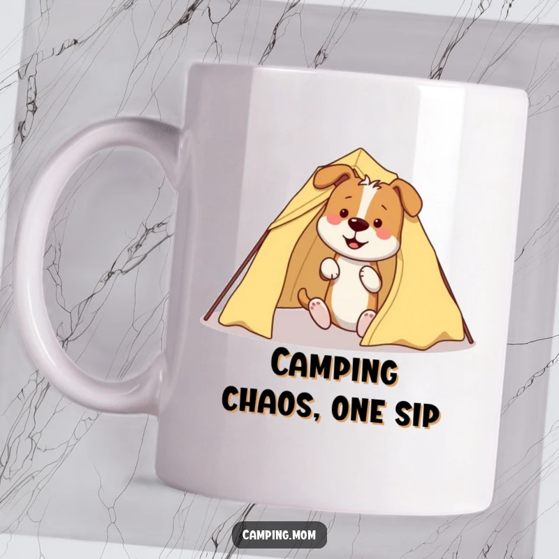 Funny Dog Mug: A dog hilariously struggles to set up a tent, tangled in poles, a picture of camping chaos.