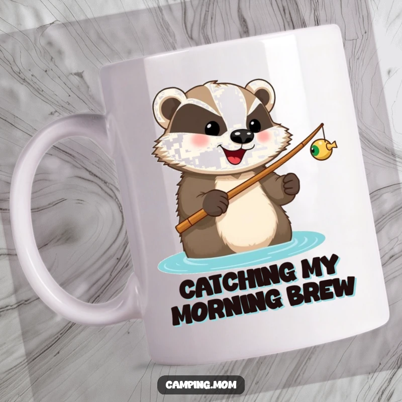 Funny mug of a happy badger holding a fishing rod, looking forward to a catch, embodying patient anticipation.