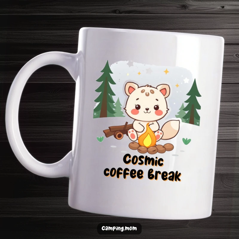 Funny animal mug featuring a joyful character sitting by a campfire, gazing peacefully at the stars.