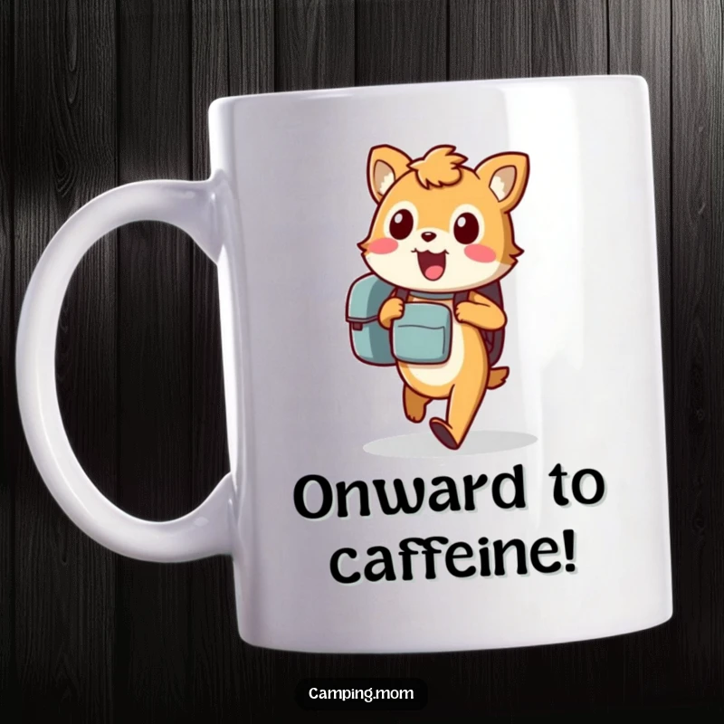 Funny animal mug featuring an excited character carrying a backpack, walking eagerly on a journey.