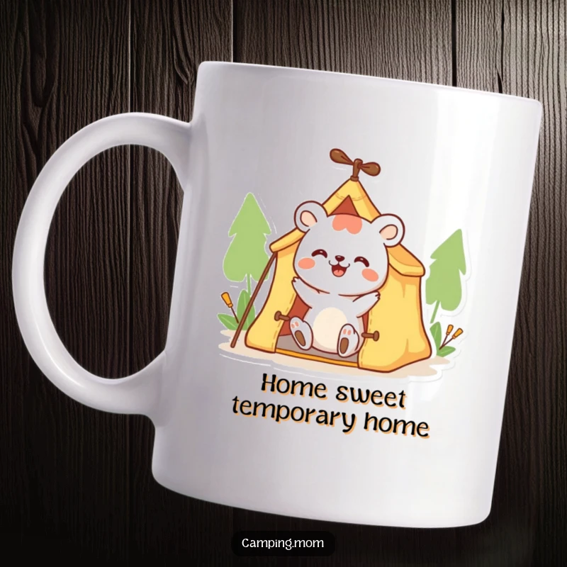 Funny camping mug featuring a happy animal character enthusiastically setting up a small tent, perfect for outdoor lovers.