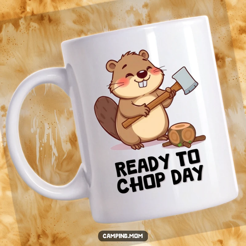 Funny mug of a giggling beaver with an axe, poised to chop a small log, showcasing mischievous industriousness.