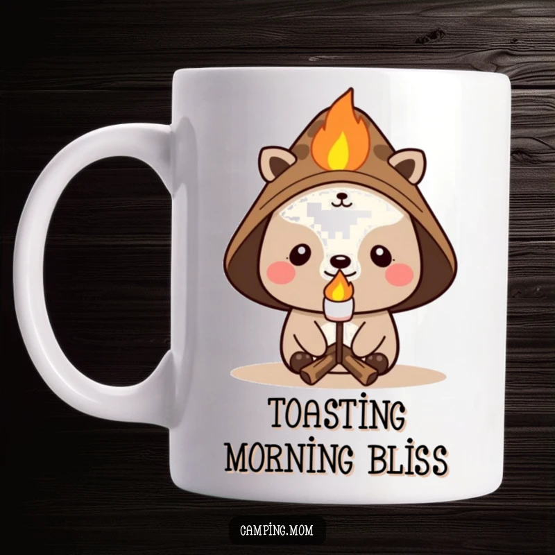 Funny campfire character mug with a cheerful animal wearing a hat, hilariously roasting a marshmallow over an imaginary flame.