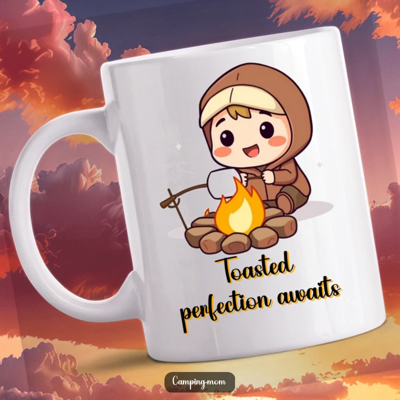 Funny mug with a smiling camping character happily roasting a gooey marshmallow over a vibrant, crackling campfire.