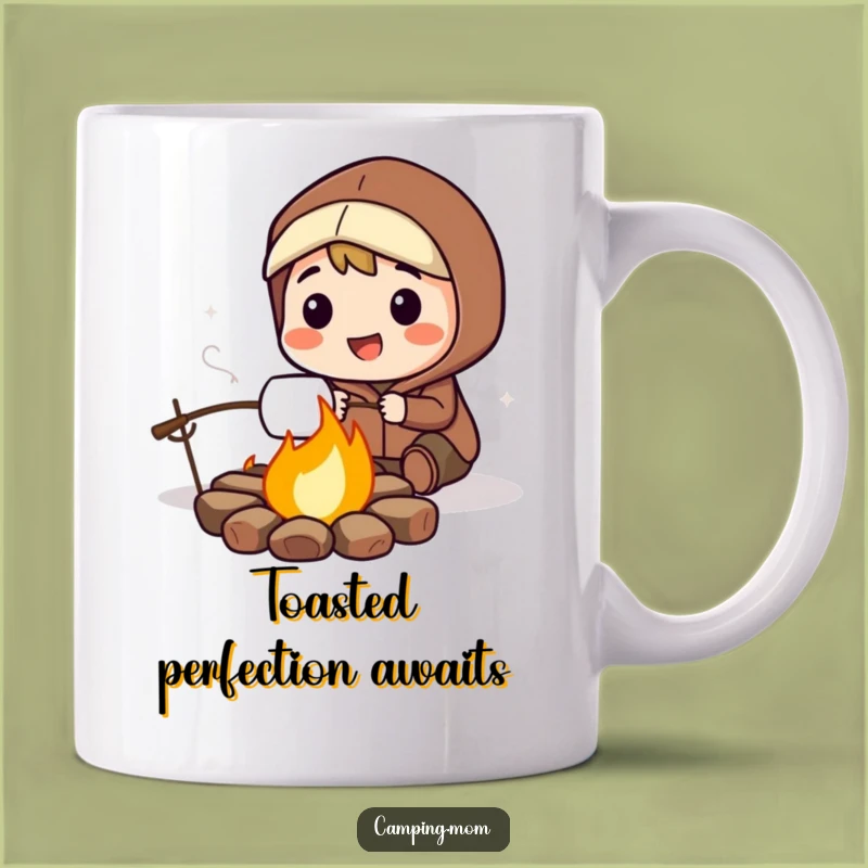 Funny Campfire Marshmallow Mug: Smiling Character Roasting Sweet Treat, A Deliciously Funny Gift.
