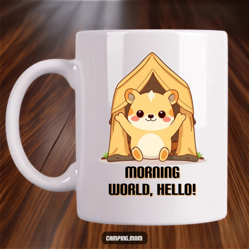 Funny camping animal character with a wide smile, holding open a tent flap to reveal the bright outdoors, conveying morning cheer.