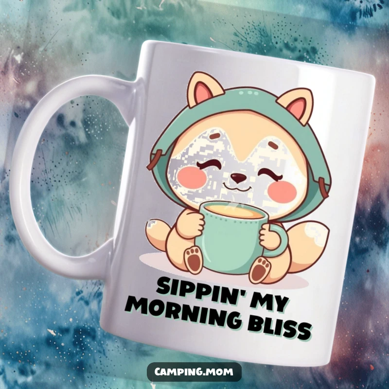 Funny camping mom animal relaxing, enjoying a sip from a steaming mug, embodying cozy outdoor bliss.