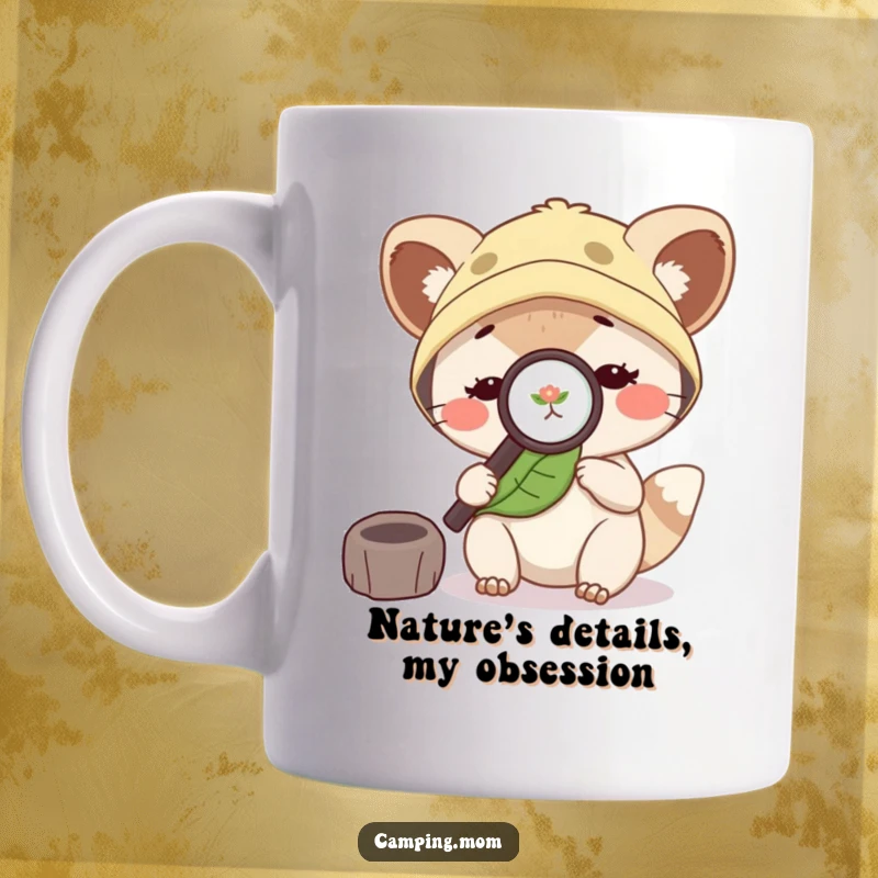 Funny camping mom animal with a magnifying glass, intently examining a green leaf, showcasing curiosity and outdoor fun.