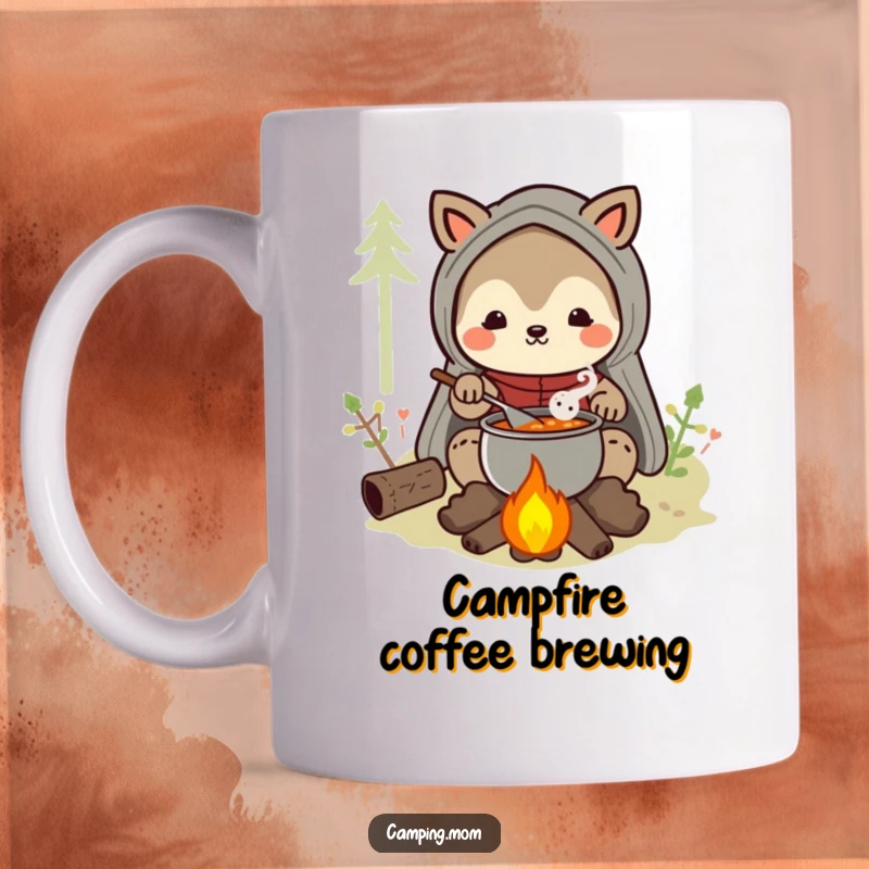 Funny camping mom animal character mug stirring a pot of stew over a campfire, embodying cozy outdoor cooking.