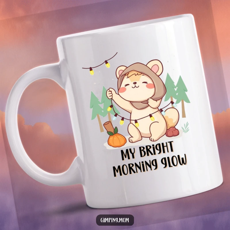 Funny camping mom animal mug, energetically stringing fairy lights, creating a cozy and bright outdoor ambiance.