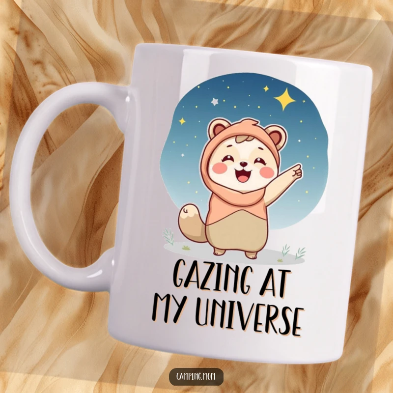 Funny camping mom animal mug, happily pointing towards a vast, starry night sky, conveying wonder and outdoor peace.