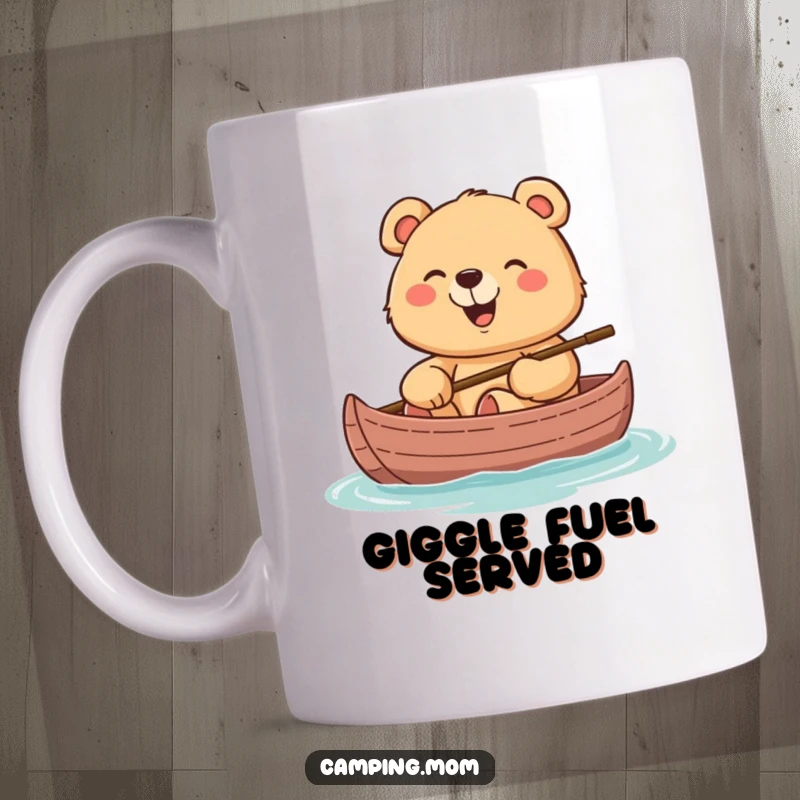 Funny mug of a mama bear with a cheerful grin, happily giggling while relaxing in a canoe on the water.