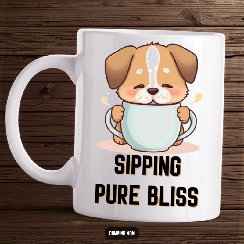 Funny dog peacefully sipping from a steaming mug with a contented sigh, radiating warmth and comfort.