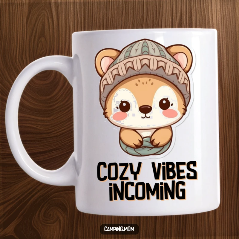 Funny animal character wearing a cute knitted hat, looking incredibly cozy and content, depicted on a delightful mug.
