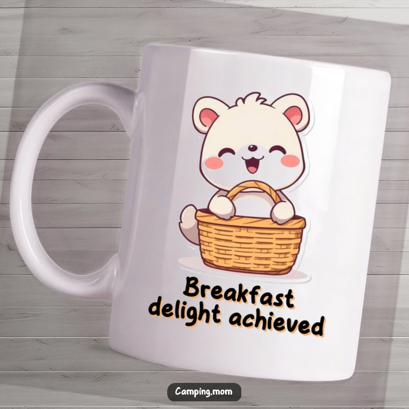 Funny animal character beaming with delight while unpacking a picnic basket, filled with goodies, depicted on a cheerful mug.