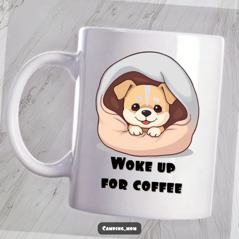 Funny Dog Mug: A dog with a mischievous grin peeks out from under a sleeping bag, ready for adventure.