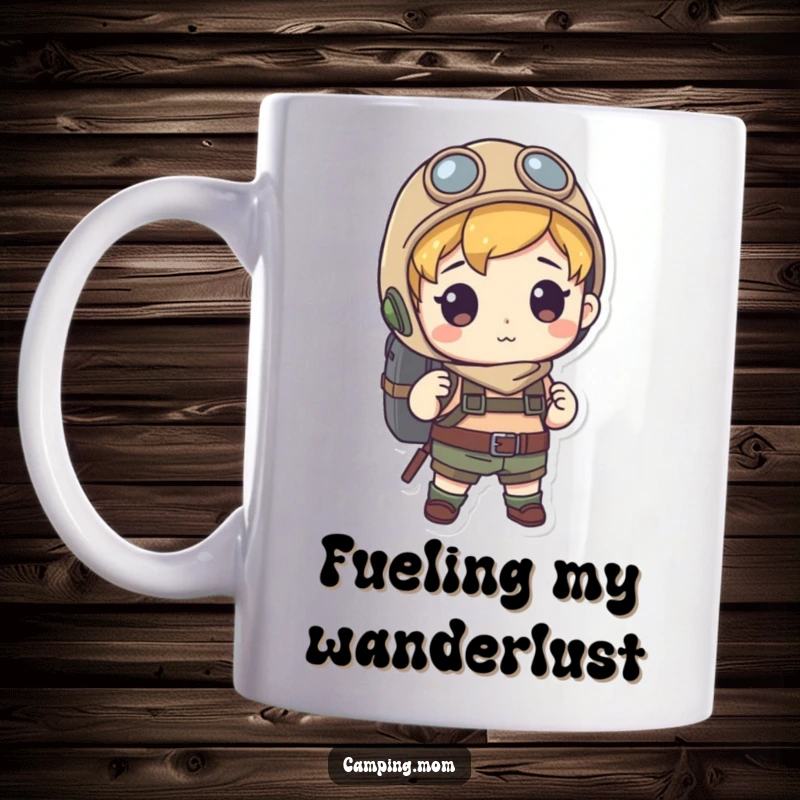 Funny mug showing an eager character with a backpack, set to explore new territories with a determined and cheerful spirit. Excellent funny gift.