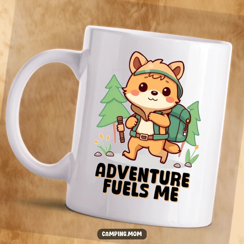Funny camping animal character playfully hiking with a backpack, smiling on a mug, great for explorers.