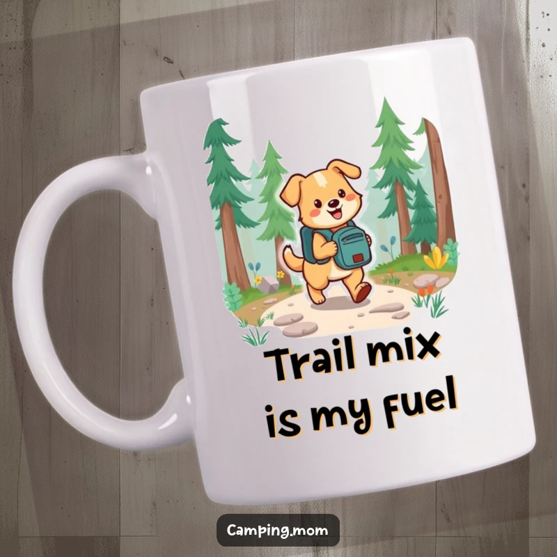 Funny hiking dog with a backpack on a forest trail, looking happy and ready for adventure.