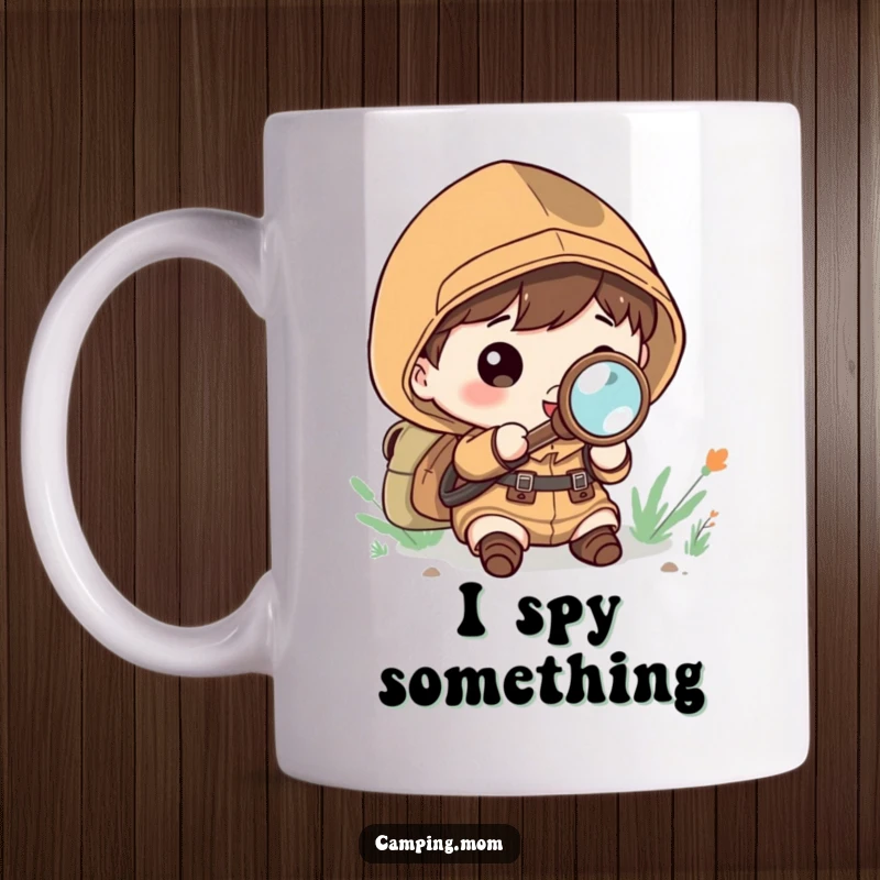 Funny Mug: Kawaii camping character intently exploring with a magnifying glass, eyes wide with wonder.