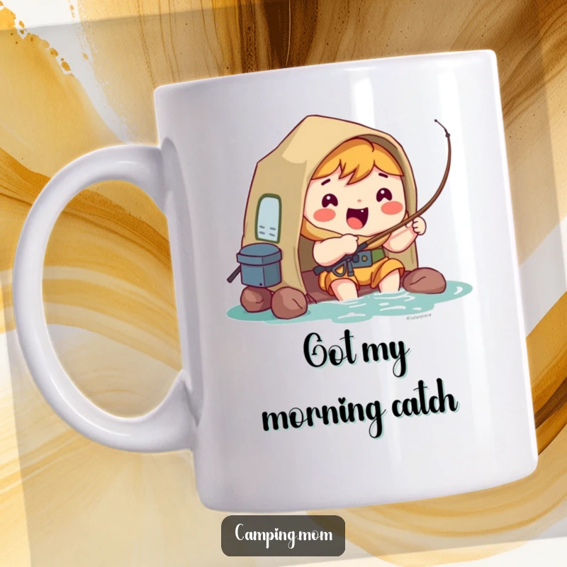 Funny Mug: Kawaii camping character joyfully fishing, hopeful expression, ready to reel in a big one.