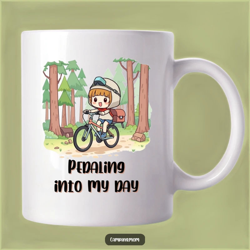 Funny Kawaii Camper Mug: Joyful Cyclist Character, Perfect Adventure Gift