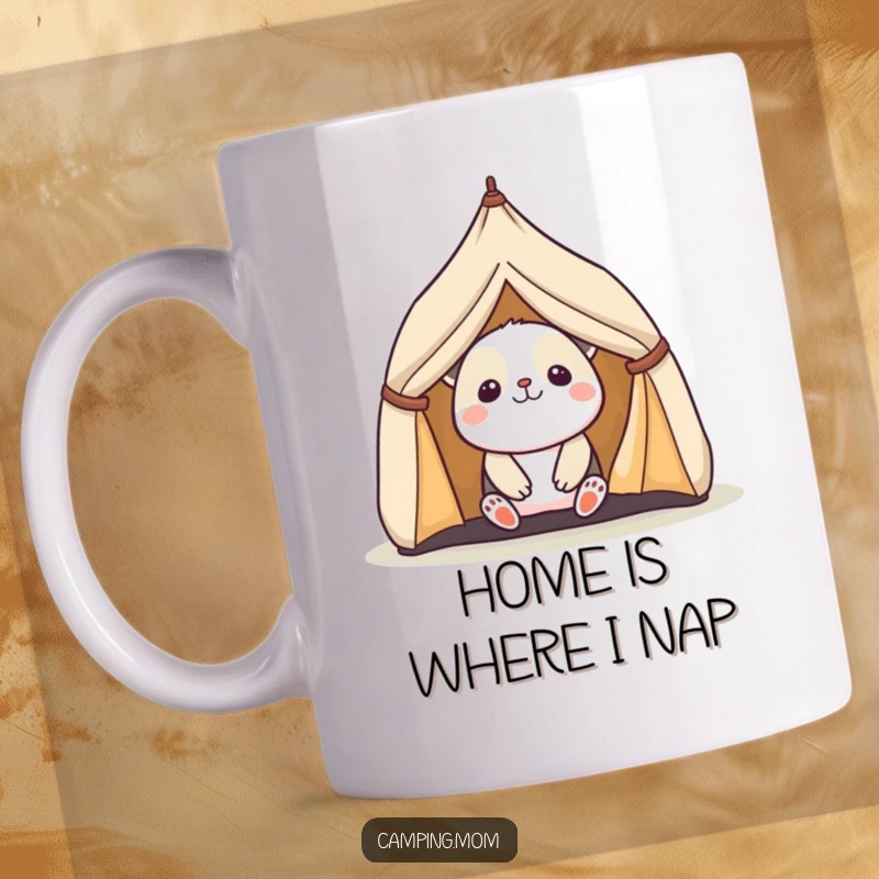 Funny mug featuring a kawaii camping animal peeking out of a miniature tent with evident delight, perfect for outdoor enthusiasts.