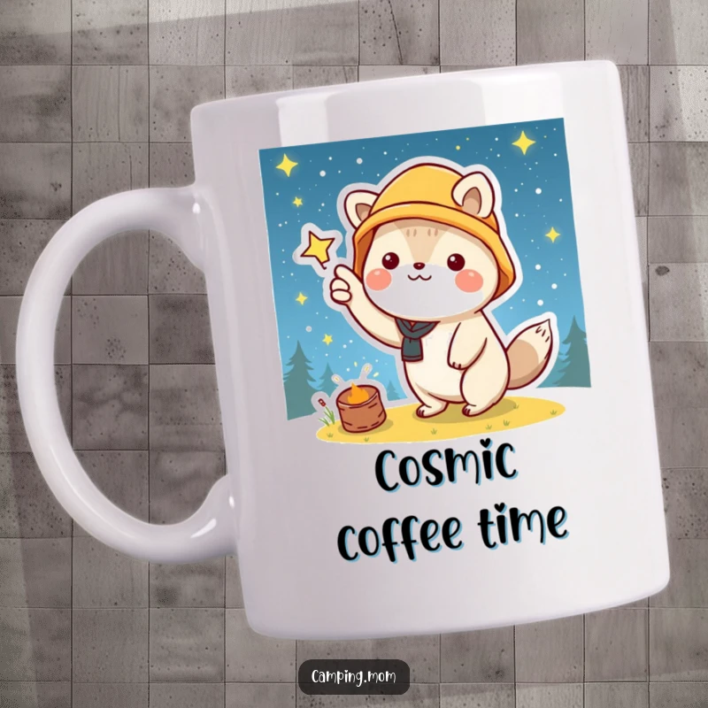 Funny mug with a kawaii camping animal happily pointing towards a beautiful starry night sky, inspiring awe and wonder.