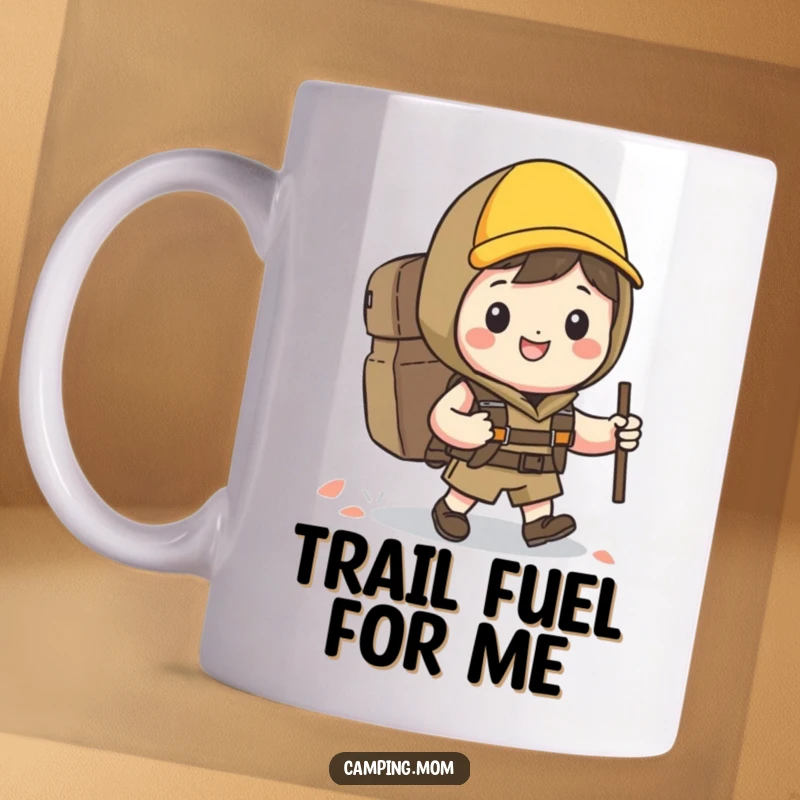 Funny Kawaii hiker mug with a smiling character happily hiking with a backpack and grin, ready for adventure.