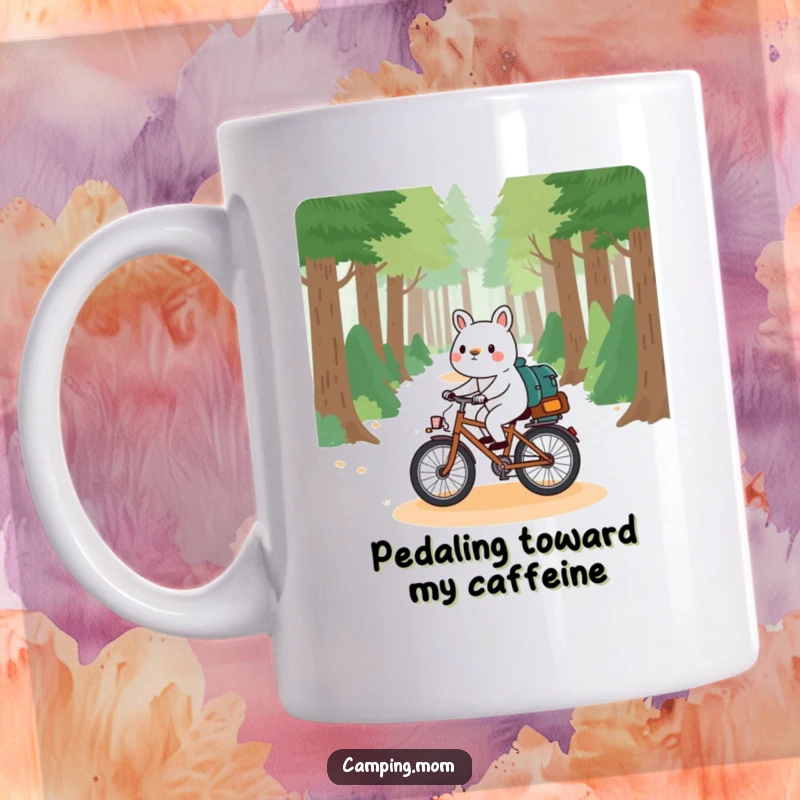 Funny camping animal mug, joyfully riding a bicycle down a scenic forest path, embodying playful adventure and outdoor fun.