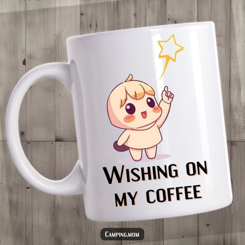 Funny mug depicting a character pointing at a bright shooting star, symbolizing dreams and wonder. An excellent funny gift for stargazers.