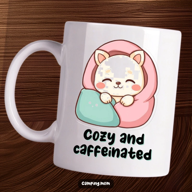 Funny contented animal character peacefully sleeping in a stylized sleeping bag on a cozy mug.
