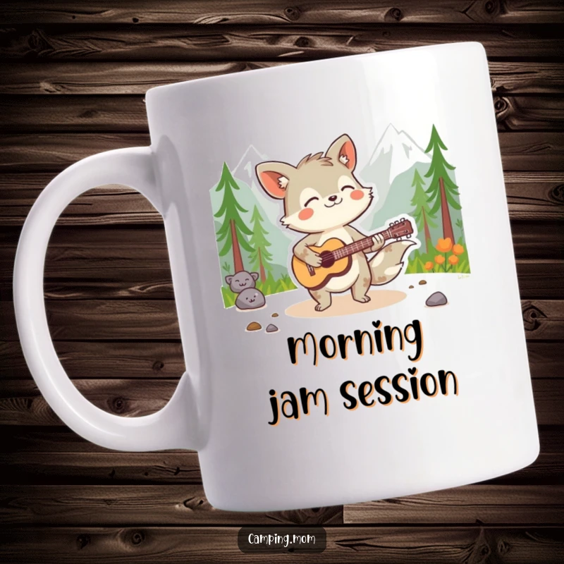 Funny animal character energetically playing a guitar in a scenic wilderness setting, looking spirited and joyful on a mug.
