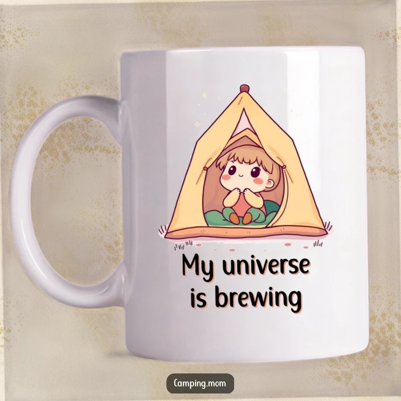 Funny mug featuring a cute camping character peeking out of a tent, gazing at a starry night sky with awe and wonder.