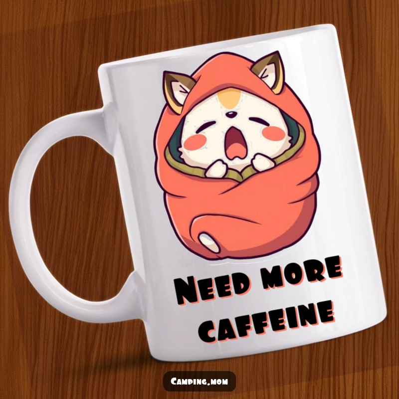 Funny camping animal character yawning widely while wrapped in a sleeping bag, on a mug.